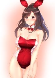 Rule 34 | 1girl, animal ears, arm behind back, bare arms, bare shoulders, blush, bow, bowtie, breasts, brown hair, cleavage, collarbone, covered erect nipples, cowboy shot, detached collar, dutch angle, fake animal ears, floral print, gluteal fold, idolmaster, idolmaster shiny colors, large breasts, leotard, long hair, looking at viewer, nose blush, parted lips, playboy bunny, ponytail, print leotard, purple eyes, rabbit ears, red bow, red bowtie, red leotard, signature, solo, strapless, strapless leotard, sweat, swept bangs, tareme, thigh gap, tsukioka kogane, wattsu