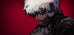 Rule 34 | 1boy, absurdres, blue eyes, boku no hero academia, dabi (boku no hero academia), ear piercing, from side, gilmang, high collar, highres, holding, male focus, open mouth, piercing, profile, red background, simple background, solo, spiked hair, staple, stitched face, stitches, white hair