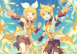 Rule 34 | 1boy, 1girl, ;d, armpits, black legwear, black sailor collar, black shorts, black sleeves, blonde hair, blue eyes, blue sky, bow, brother and sister, choke (amamarin), cloud, day, detached sleeves, hair between eyes, hair bow, hairband, headphones, headset, kagamine len, kagamine rin, leg up, leg warmers, looking at viewer, microphone, midriff, navel, one eye closed, one side up, open mouth, outdoors, outstretched arm, outstretched arms, parted bangs, petals, ribbon, sailor collar, short hair, short shorts, short sleeves, shorts, siblings, sky, smile, standing, standing on one leg, stomach, vocaloid, white bow, white footwear, white hairband, yellow neckwear, yellow ribbon