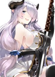 Rule 34 | 1girl, asymmetrical gloves, belt, belt buckle, between breasts, black gloves, black legwear, blue eyes, blush, braid, breasts, buckle, commentary request, draph, elbow gloves, gloves, granblue fantasy, hair over one eye, heart, heart-shaped pupils, highres, horns, katana, kou mashiro, large breasts, light purple hair, long hair, looking at viewer, looking to the side, low tied hair, narmaya (granblue fantasy), open mouth, pointy ears, sideboob, simple background, single braid, sleeveless, smile, solo, sword, symbol-shaped pupils, uneven gloves, weapon, white background