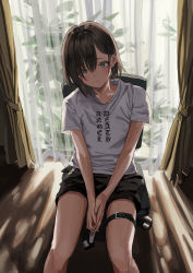 Rule 34 | 1girl, black shorts, brown hair, closed mouth, curtains, earrings, gishiki (gshk), hair between eyes, highres, jewelry, leg belt, lips, looking at viewer, merchandise, original, own hands together, shirt, short shorts, shorts, sidelocks, smile, tattoo, white shirt, window, yellow eyes