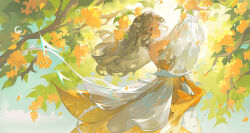 1girl :o absurdres bare_shoulders blue_sky braid brown_eyes brown_hair bubble chinese_commentary cloud commentary_request day detached_sleeves dress eyelashes falling_petals floral_print flower hair_flower hair_ornament highres long_dress long_hair long_sleeves original outdoors outstretched_arm parted_lips petals ribbon see-through_clothes see-through_sleeves single_braid sky sleeveless sleeveless_dress solo sunlight tree white_flower white_sleeves wide_sleeves yellow_dress yellow_flower yellow_ribbon yunouou10