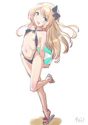 Rule 34 | 1girl, arms behind back, ball, beachball, blonde hair, blue eyes, breasts, criss-cross halter, fuji (pixiv24804665), full body, halterneck, highres, jervis (kancolle), kantai collection, long hair, open mouth, round teeth, sandals, slingshot swimsuit, small breasts, smile, solo, swimsuit, teeth, upper teeth only