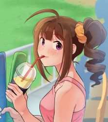 Rule 34 | 1girl, ahoge, blush, brown hair, closed mouth, collarbone, cup, drill hair, drinking, drinking straw, drinking straw in mouth, from side, holding, holding cup, idolmaster, idolmaster million live!, kamille (vcx68), looking at viewer, purple eyes, scrunchie, short hair, side drill, smile, solo, yokoyama nao