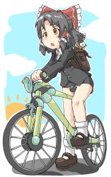 Rule 34 | 1girl, backpack, bag, bicycle, black hair, black jacket, black skirt, blazer, blush stickers, bow, breasts, brown eyes, brown footwear, collared shirt, commentary request, cookie (touhou), frilled bow, frilled hair tubes, frills, full body, hair bow, hair tubes, hakurei reimu, half updo, highres, jacket, long sleeves, looking afar, mary janes, medium breasts, medium hair, office lady, open mouth, pencil skirt, red bow, riding, riding bicycle, sananana (cookie), shirt, shoes, skirt, socks, solo, touhou, wand, white shirt, white socks, yin yang, yma