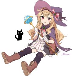 Rule 34 | 1girl, :o, bad id, bad twitter id, bag, black cat, black dress, black thighhighs, blonde hair, boots, brooch, brown footwear, cape, cat, dress, gloves, hat, holding, holding staff, jewelry, little witch nobeta, long hair, nobeta, open mouth, phyllis (cat) (little witch nobeta), phyllis (little witch nobeta), purple hat, red eyes, shisoneri, shoulder bag, simple background, sitting, solo, staff, thighhighs, white background, white gloves, witch, witch hat