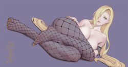 Rule 34 | ass, black pantyhose, boruto: naruto next generations, breasts, closed mouth, collarbone, commentary request, dutch angle, expressionless, fishnet pantyhose, fishnets, full body, green eyes, hair over one eye, hand on own hip, highres, large breasts, long bangs, long hair, looking at viewer, lying, nail polish, naruto (series), on side, pantyhose, purple background, simple background, solo, toenail polish, toenails, toes, topless, translation request, very long hair, xiumu bianzhou, yamanaka ino, yellow nails