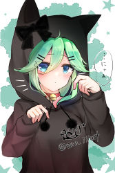 Rule 34 | 1girl, 9610 (kuroto), absurdres, animal collar, animal hood, bell, black jacket, blue eyes, blush, cat hood, collar, commentary request, green hair, hair between eyes, highres, hood, hood up, hooded jacket, hoodie, jacket, kantai collection, looking at viewer, neck bell, paw pose, red collar, solo, yamakaze (kancolle)