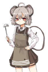 Rule 34 | 1girl, ahoge, animal ears, apron, blush, grey hair, hand on own hip, jewelry, ladle, mouse ears, mouse tail, nazrin, red eyes, short hair, simple background, skirt, solo, tail, touhou, white background, yunuki uta