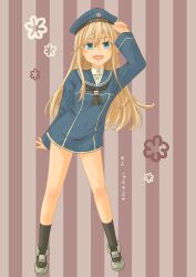 Rule 34 | 1girl, absurdres, aged down, bismarck (kancolle), black socks, blonde hair, blue eyes, clothes writing, cosplay, dress, full body, hat, highres, kantai collection, long hair, long sleeves, pot-de, sailor dress, sailor hat, socks, solo, very long hair, z1 leberecht maass (kancolle), z1 leberecht maass (kancolle) (cosplay)
