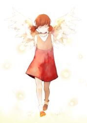 Rule 34 | 1girl, angel wings, arms behind back, atlus, child, closed eyes, doujima nanako, dress, full body, hair ribbon, lens flare, light particles, persona, persona 4, ribbon, short hair, short twintails, simple background, socks, solo, striped clothes, striped dress, twintails, walking, white background, wings, yuzuaki