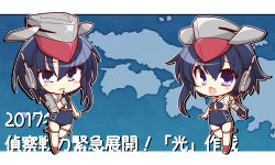 Rule 34 | 10s, 2girls, asymmetrical hair, bare shoulders, black hair, black one-piece swimsuit, brown eyes, chibi, gloves, hair between eyes, hat, headphones, i-13 (kancolle), i-14 (kancolle), kantai collection, kisaragi yuu (re:lucks), looking at viewer, multiple girls, one-piece swimsuit, open mouth, partially fingerless gloves, sailor collar, school swimsuit, short hair, siblings, sisters, swimsuit, tongue, translation request
