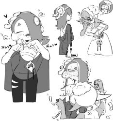 2girls blush breast_padding chest_sarashi closed_eyes frye_(splatoon) full-face_blush greyscale highres mainichi_yamucha monochrome multiple_girls nintendo poncho sarashi shiver_(splatoon) splatoon_(series) splatoon_3 sweat