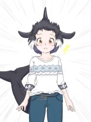 Rule 34 | 1girl, ^^^, alternate costume, arms at sides, black hair, blush, brown eyes, casual, cetacean tail, collarbone, contemporary, denim, dorsal fin, emphasis lines, fins, fish tail, forehead, head fins, jeans, kemono friends, looking at viewer, multicolored hair, orca (kemono friends), pants, parted lips, purple hair, saja (166j357), short hair, solo, surprised, sweater, tail, white hair