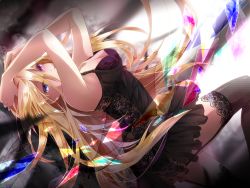 Rule 34 | 1girl, alternate costume, arms up, black thighhighs, blonde hair, blue eyes, bra, breasts, cleavage, covered mouth, dress, from side, garter straps, hair between eyes, heterochromia, lace, lace-trimmed legwear, lace trim, lily (vocaloid), long hair, looking at viewer, purple eyes, shatter, short dress, signature, sleeveless, sleeveless dress, solo, thighhighs, tyouya, underwear, vocaloid