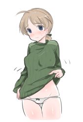 Rule 34 | 1girl, ahoge, aohashi ame, blue eyes, blush, bow, bow panties, breasts, brown hair, clothes lift, cowboy shot, highres, large breasts, long hair, lynette bishop, md5 mismatch, panties, resized, ribbed sweater, simple background, sketch, solo, strike witches, sweatdrop, sweater, sweater lift, thigh gap, underwear, white background, white panties, world witches series
