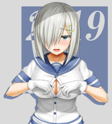 Rule 34 | 1girl, 2019, absurdres, abukobato, blue eyes, blush, breasts, bursting breasts, collarbone, gloves, hair ornament, hair over one eye, hairclip, hamakaze (kancolle), hands on own chest, higher resolution available, highres, kantai collection, large breasts, long sleeves, looking at viewer, open mouth, school uniform, serafuku, shirt, short hair, short sleeves, silver hair, solo, white gloves, white shirt