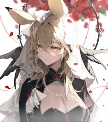 Rule 34 | 1girl, animal ears, arknights, black shrug, blonde hair, blurry, blurry background, breasts, cleavage, closed mouth, commentary, crossed bangs, dorothy (arknights), english commentary, expressionless, hair between eyes, highres, long hair, looking to the side, medium breasts, petals, shrug (clothing), solo, star (symbol), upper body, veil, white background, yamiiv, yellow eyes