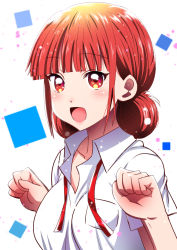 Rule 34 | 1girl, :d, ai wa muteki, ao no hako (wsj), blush, breasts, chono hina, clenched hand, hands up, highres, medium hair, open mouth, red eyes, red hair, red ribbon, ribbon, shirt, short hair, short sleeves, simple background, smile, solo, upper body, white background, white shirt