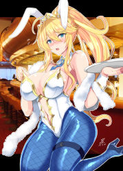 Rule 34 | 1girl, alternate eye color, animal ears, artoria pendragon (all), artoria pendragon (fate), artoria pendragon (swimsuit ruler) (fate), bar (place), bar stool, bare shoulders, blue pantyhose, blurry, blush, breasts, commentary request, counter, dated, depth of field, detached collar, embarrassed, fake animal ears, fate/grand order, fate (series), fishnet pantyhose, fishnets, full body, hair between eyes, high heels, highres, indoors, large breasts, leotard, long hair, looking at viewer, nose blush, open mouth, pantyhose, playboy bunny, rabbit ears, sideboob, solo, stool, thigh strap, tray, very long hair, white leotard, wrist cuffs, yasakani an