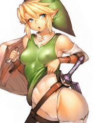 Rule 34 | 1girl, bare shoulders, belt, between breasts, blonde hair, blue eyes, breasts, clothes lift, covered erect nipples, covered navel, fumio (rsqkr), genderswap, genderswap (mtf), groin, hat, hip focus, leotard, link, looking at viewer, nintendo, open mouth, parted lips, pointy ears, shield, shirt lift, short hair, sideboob, simple background, small breasts, solo, strap between breasts, sword, the legend of zelda, thighhighs, thighs, upper body, weapon, white background, white thighhighs, wide hips