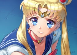 Rule 34 | 1girl, bishoujo senshi sailor moon, bishoujo senshi sailor moon s, blonde hair, blue eyes, blue sailor collar, breasts, choker, circlet, cleavage, clenched teeth, collarbone, commentary, crescent, crescent earrings, derivative work, earrings, eyelashes, hair over shoulder, heart, heart choker, jewelry, long hair, meme, parted bangs, red choker, sailor collar, sailor moon redraw challenge (meme), screenshot redraw, solo, symbol-only commentary, teeth, tile floor, tiles, tsukino usagi, twintails, wedo