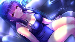 Rule 34 | 1girl, arms at sides, black hair, blue one-piece swimsuit, blush, breasts, car interior, cleavage, commentary request, covered navel, dutch angle, highres, legs together, long hair, looking at viewer, medium breasts, nose blush, one-piece swimsuit, purple eyes, school swimsuit, sitting, solo, straight hair, swimsuit, toenketsu