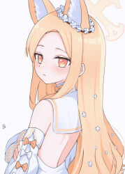 Rule 34 | 1girl, absurdres, animal ear fluff, animal ears, bare back, blonde hair, blue archive, commentary, crossed arms, detached sleeves, feza chen (ushaku), forehead, fox ears, fox girl, from behind, halo, head tilt, highres, long hair, long sleeves, looking at viewer, looking back, orange eyes, parted bangs, school uniform, seia (blue archive), sidelocks, simple background, sleeves past fingers, sleeves past wrists, solo, white background, wide sleeves