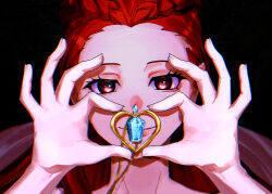 Rule 34 | 1girl, ace attorney, black background, braid, brown eyes, closed mouth, dahlia hawthorne, heart, heart hands, heart necklace, highres, holding, holding jewelry, holding necklace, jewelry, long hair, looking at viewer, necklace, phoenix wright: ace attorney - trials and tribulations, portrait, red hair, smile, solo, yymmawo vv2