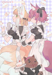 Rule 34 | 2girls, alternate costume, animal ear fluff, animal ears, apron, arknights, back bow, black dress, black ribbon, blonde hair, bow, braid, braided hair rings, cake, cake slice, character name, closed mouth, commentary, dress, enmaided, food, food-themed background, fox ears, fox girl, fox tail, frilled apron, frills, green eyes, hair ribbon, hair rings, kitsune, kyuubi, maid, maid apron, morte (arknights), multicolored hair, multiple girls, multiple tails, parted lips, pink eyes, pink hair, puffy short sleeves, puffy sleeves, red medicine, ribbon, shamare (arknights), short hair, short sleeves, stuffed wolf, suzuran (arknights), symbol-only commentary, tail, twintails, two-tone hair, white apron, white hair, wrist cuffs