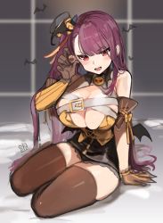 Rule 34 | 1girl, :d, alracoco, arm support, bare shoulders, bat (animal), black headwear, black skirt, blunt bangs, blush, breasts, brown gloves, brown thighhighs, buckle, cleavage, commentary, detached sleeves, english commentary, full body, girls&#039; frontline, gloves, heart, holding, large breasts, long hair, looking at viewer, looking back, miniskirt, open mouth, purple hair, red eyes, side ponytail, single detached sleeve, sitting, sketch, skirt, smile, solo, teeth, thighhighs, upper teeth only, very long hair, wa2000 (girls&#039; frontline), yokozuwari
