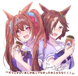 Rule 34 | 2girls, animal ears, blue bow, blue shirt, blush, bow, brown hair, coffee cup, cropped torso, cup, daiwa scarlet (umamusume), disposable cup, fang, grey hair, hair between eyes, hair bow, hair intakes, hair over one eye, holding, holding cup, horse ears, ittokyu, looking at viewer, multicolored hair, multiple girls, open mouth, puffy short sleeves, puffy sleeves, purple eyes, red bow, school uniform, shirt, short sleeves, signature, tiara, tracen school uniform, translation request, twintails, two-tone hair, umamusume, upper body, v-shaped eyebrows, vodka (umamusume), wavy mouth