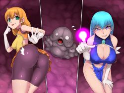 Rule 34 | 2girls, ass, backboob, bare legs, bare shoulders, bike shorts, blonde hair, blue hair, bouncing breasts, breasts, cleavage, cleavage cutout, clothing cutout, elbow gloves, gloves, glowing, green eyes, groin, highres, index finger raised, large breasts, leaning forward, legs, long hair, looking at viewer, looking back, monster, motion lines, multiple girls, navel, numeko, original, parted lips, purple eyes, skirt, small breasts, smile, standing, teasing, thighs, tongue, white gloves, yellow skirt