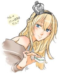 Rule 34 | 1girl, bare shoulders, blonde hair, blue eyes, blush, braid, closed mouth, commentary request, cropped torso, crown, dated, dress, fingernails, food, french braid, hair between eyes, hair ornament, hair over shoulder, hairband, holding, holding food, jewelry, kantai collection, leaning forward, long hair, long sleeves, looking at viewer, mini crown, necklace, off-shoulder dress, off shoulder, sandwich, sandwiched, signature, simple background, smile, solo, translation request, warspite (kancolle), white background, yamada rei (rou)