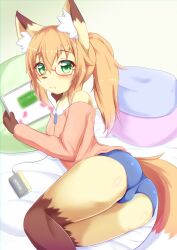 Rule 34 | 1boy, an choby, animal ear fluff, animal ears, ass, blush, bulge, crossdressing, fox ears, fox tail, furry, furry male, glasses, green eyes, headphones, highres, looking at viewer, lying, male focus, off shoulder, orange hair, pillow, ponytail, short shorts, shorts, tablet pc, tail, trap, walkman