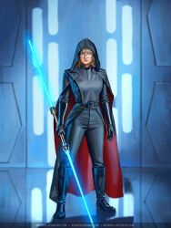 1girl absurdres artist_name artstation_username audia_pahlevi black-framed_eyewear black_cape black_footwear black_gloves black_pants blonde_hair blue_eyes blue_lightsaber boots cape deviantart_username double_bladed_lightsaber email_address energy_sword full_body glasses gloves highres holding_lightsaber hood hooded_cape indoors lightsaber pants red_cape round_eyewear signature solo standing star_wars star_wars:_the_old_republic sword two-tone_cape watermark weapon web_address