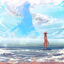 Rule 34 | 1girl, bare legs, beach, blue sky, breasts, coming out, creature, day, dragon, dress, fangs, fantasy, faux traditional media, figure, from behind, hat, highres, holding, horizon, looking up, monster, ocean, original, painting (medium), sand, scribblesquab, short hair, sky, sun hat, traditional media, water, white dress