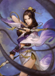 Rule 34 | 1girl, black eyes, black hair, blurry, blurry foreground, japanese clothes, jjlovely, kimono, light smile, looking at viewer, medium hair, mole, mole under eye, original, ornate weapon, purple kimono, solo, tagme, thighs, topknot, whip