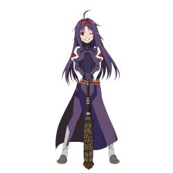 Rule 34 | 1girl, ahoge, coat, covered navel, floating hair, full body, grin, hair intakes, hands on hilt, headband, highres, long hair, looking at viewer, official art, one eye closed, pantyhose, pointy ears, purple coat, purple eyes, purple hair, purple pantyhose, red eyes, red headband, smile, solo, standing, sword art online, thighband pantyhose, transparent background, very long hair, yuuki (sao)