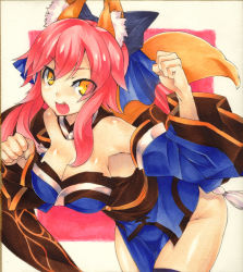 Rule 34 | 10s, 1girl, animal ears, bare shoulders, bow, breasts, cleavage, detached sleeves, fate/extra, fate (series), fox ears, fox tail, hair bow, hair ribbon, japanese clothes, large breasts, marker (medium), pink hair, ribbon, shikishi, solo, tail, tamamo no mae (fate/extra), thighhighs, torimaru, traditional media, twintails, yellow eyes