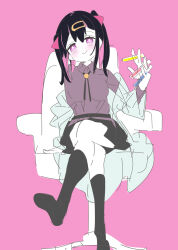 Rule 34 | 1girl, alternate color, arm support, between fingers, black hair, black skirt, black socks, blush, breasts, bright pupils, closed mouth, coat, collared shirt, colored inner hair, colored skin, crossed legs, doku momo, double-parted bangs, full body, hair ornament, hairclip, head tilt, highres, holding, holding test tube, kneehighs, lab coat, large breasts, long hair, long sleeves, looking at viewer, miniskirt, multicolored hair, no shoes, off shoulder, on chair, onii-chan wa oshimai!, oyama mihari, partially colored, pink background, pink eyes, purple shirt, shirt, simple background, sitting, sketch, skirt, smile, socks, solo, straight-on, swivel chair, test tube, twintails, white coat, white pupils, white skin