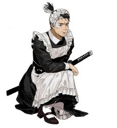 Rule 34 | 1boy, absurdres, apron, black eyes, black footwear, crossdressing, facial hair, full body, high ponytail, highres, katana, maid apron, maid headdress, male focus, mary janes, multicolored hair, on one knee, pantyhose, parody, parted lips, scar, scar on face, sekiro, sekiro: shadows die twice, shoes, simple background, solo, ssanghwa tang1, stubble, sword, two-tone hair, weapon, white apron, white background, white hair, white pantyhose