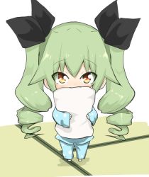 Rule 34 | 1girl, aged down, anchovy (girls und panzer), barefoot, black ribbon, blue pants, blue shirt, blush, child, commentary, covering own mouth, drill hair, girls und panzer, green hair, hair ribbon, holding, holding pillow, hugging object, jinguu (4839ms), long hair, long sleeves, pajamas, pants, pillow, pillow hug, polka dot, polka dot pants, polka dot shirt, red eyes, ribbon, shadow, shirt, solo, standing, tatami, twin drills, twintails, white background