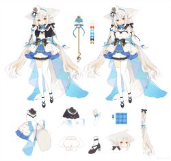 Rule 34 | 1girl, ahoge, animal ear fluff, animal ears, asymmetrical legwear, bacheally, back, bare shoulders, black capelet, black footwear, black ribbon, bloomers, blue bow, blue flower, blue headband, blue rose, bow, bowtie, braid, bubble skirt, capelet, character sheet, child, collar, color guide, crown, detached collar, detached sleeves, dress, ears down, elbow gloves, facing ahead, flower, fox ears, fox girl, fox tail, frilled sleeves, frills, full body, gloves, hair between eyes, hair bow, hair ornament, hand up, headband, high collar, highres, large ears, large tail, layered dress, long hair, looking at viewer, low twintails, mini crown, multiple views, open mouth, original, pantyhose, profile, red eyes, ribbon, rose, sakurada shiro (hy plus), shoes, short dress, simple background, single leg pantyhose, single thighhigh, skirt, sleeveless, sleeveless dress, sleeves past wrists, solo, standing, tail, thighhighs, twin braids, twintails, underwear, uneven legwear, very long hair, wand, white background, white dress, white hair, white pantyhose, white sleeves, white thighhighs