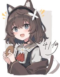 Rule 34 | 1girl, :d, animal ears, black hairband, black vest, brown coat, brown hair, cat ears, cat girl, cat tail, coat, dated, doughnut, food, grey eyes, hairband, highres, kurioshi fio, long sleeves, looking at viewer, off shoulder, open clothes, open coat, open mouth, original, satou (3366 s), shirt, short hair, smile, tail, vest, white shirt