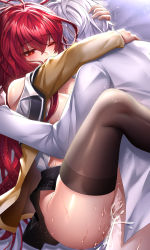 Rule 34 | 1boy, 1girl, ahoge, arm around neck, been, black skirt, black thighhighs, breasts, brown jacket, cleavage, clothes lift, cum, cum in pussy, dress shirt, elesis (elsword), elsword, fang, hair between eyes, half-closed eyes, hand in another&#039;s hair, hetero, highres, jacket, large breasts, long hair, miniskirt, missionary, one eye closed, open clothes, open jacket, open mouth, open shirt, penis, plaid, plaid skirt, pleated skirt, red eyes, red hair, sex, shirt, silver hair, skirt, skirt lift, sweat, thighhighs, vaginal, very long hair, white shirt