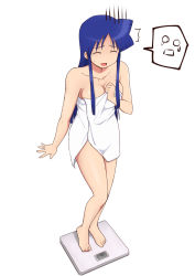 Rule 34 | 1girl, aizawa chizuru, bathroom scale, blue hair, breasts, cleavage, covering privates, closed eyes, full body, long hair, medium breasts, naked towel, nanchang, nude, nude cover, shinryaku! ikamusume, solo, standing, tears, towel, turn pale, weighing scale, weight conscious, white towel