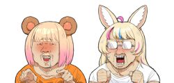 Rule 34 | 2girls, ahoge, animal ears, bear ears, bear girl, blonde hair, blush, clenched hands, drooling, facial hair, fennec fox, fox ears, fox girl, glasses, highres, hololive, long hair, man face, momosuzu nene, multicolored hair, multiple girls, mustache, nose blush, okunin, omaru polka, open mouth, orange shirt, pervert, pointing, pointing at another, saliva, shirt, short hair, snot, sweat, ugly man, virtual youtuber, white background, white shirt