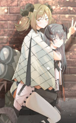Rule 34 | 2girls, absurdres, arknights, black skirt, blush, brick wall, brown eyes, brown hair, carrying, closed mouth, commentary request, grey hair, highres, horns, ifrit (arknights), jacket, long hair, motsupu, multiple girls, parted bangs, piggyback, saria (arknights), skirt, smile, twintails, v, v-shaped eyebrows, white jacket, white skirt