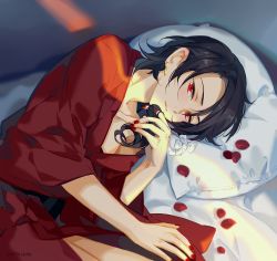 Rule 34 | 10s, 1boy, artist name, brown hair, earrings, instocklee, japanese clothes, jewelry, kashuu kiyomitsu, kimono, looking at viewer, male focus, mole, mole under mouth, nail polish, on bed, parted lips, petals, pillow, red eyes, red nails, solo, touken ranbu, upper body, yukata
